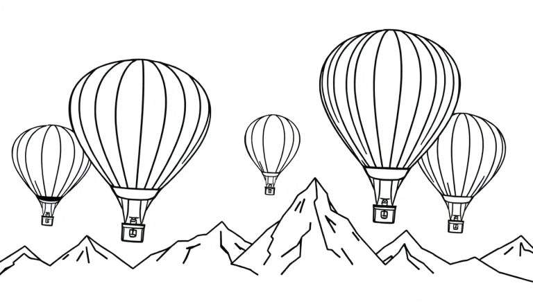Zwart-witte lijntekening van vijf heteluchtballonnen in verschillende maten boven een berglandschap.
