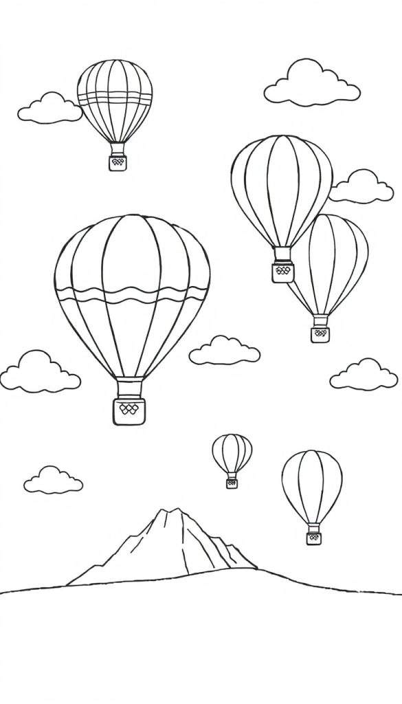 Zwart-wit lijntekening van een kleurplaat met meerdere heteluchtballonnen en wolken in de lucht, met bergen op de achtergrond. De heteluchtballonnen hebben verschillende patronen en mandjes.