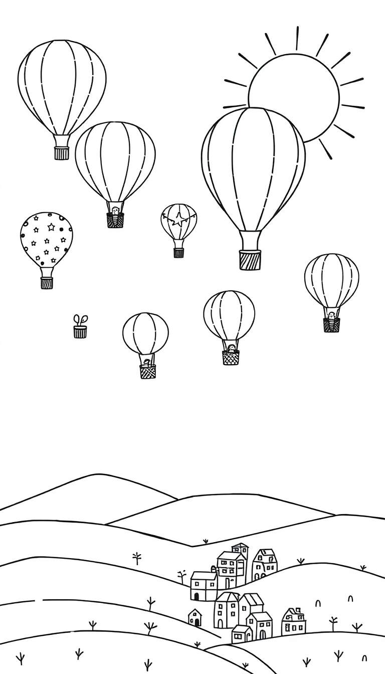 Kleurplaat van heteluchtballonnen die boven een dorpje met heuvels zweven.