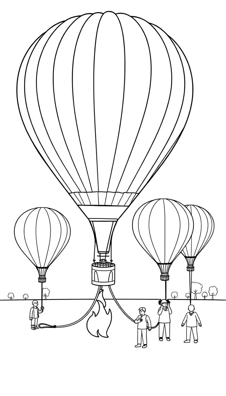 Kleurplaat van een grote heteluchtballon met vlammen uit de brander, omringd door vier mensen op de grond. Twee kleinere ballonnen staan aan de zijkanten. Zwart-wit lijntekening.