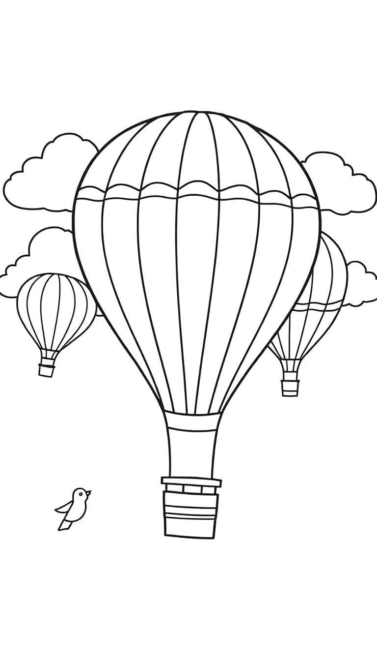 Kleurplaat lijntekening van drie heteluchtballonnen in de lucht met wolken en een vogeltje.