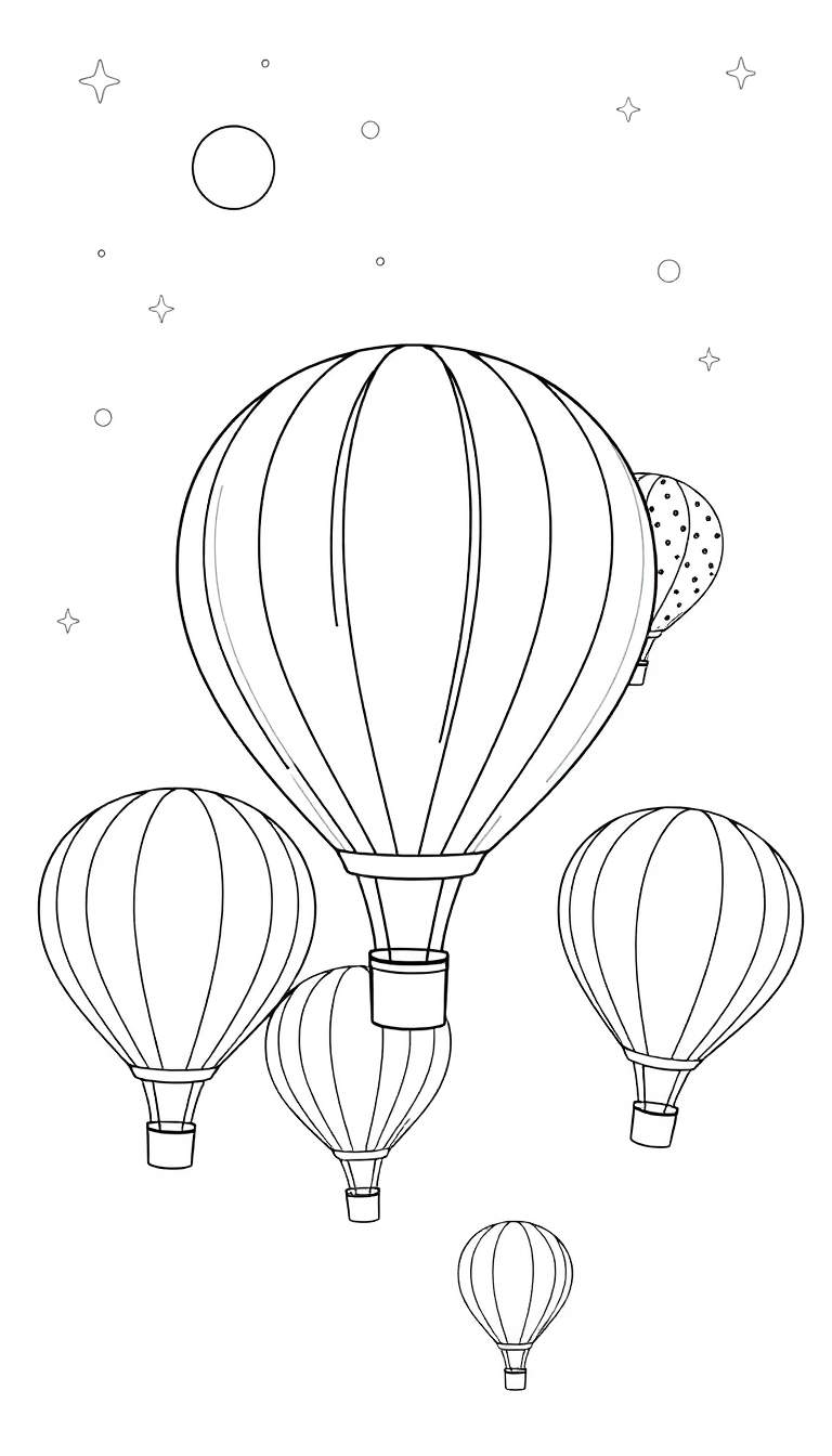 Zwart-wit kleurplaat van heteluchtballonnen die in de nachtelijke hemel zweven, met sterren en een grote maan.