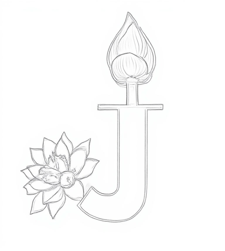 Zwart-wit kleurplaat van de hoofdletter J met een lotusknop bovenop en een geopende lotusbloem ernaast, getekend in een strakke stijl.