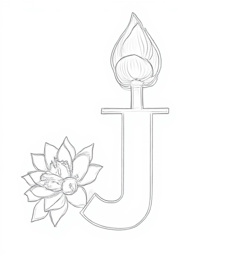 Zwart-wit kleurplaat van de hoofdletter J met een lotusknop bovenop en een geopende lotusbloem ernaast, getekend in een strakke stijl.