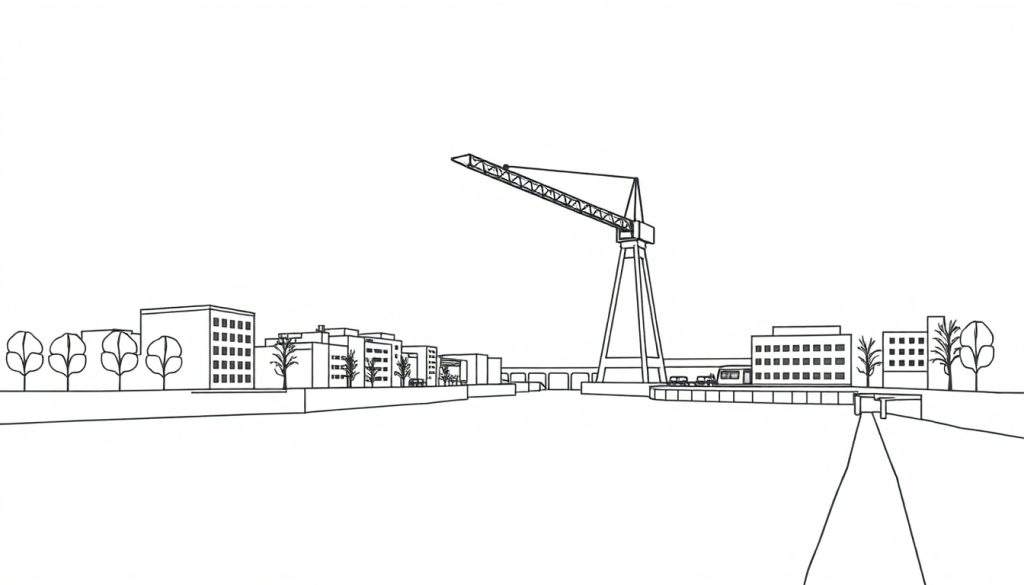 Zwart-wit lijntekening van een industrieel landschap met een rivier, gebouwen, een brug en een grote kraan.