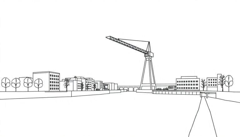 Zwart-wit lijntekening van een industrieel landschap met een rivier, gebouwen, een brug en een grote kraan.