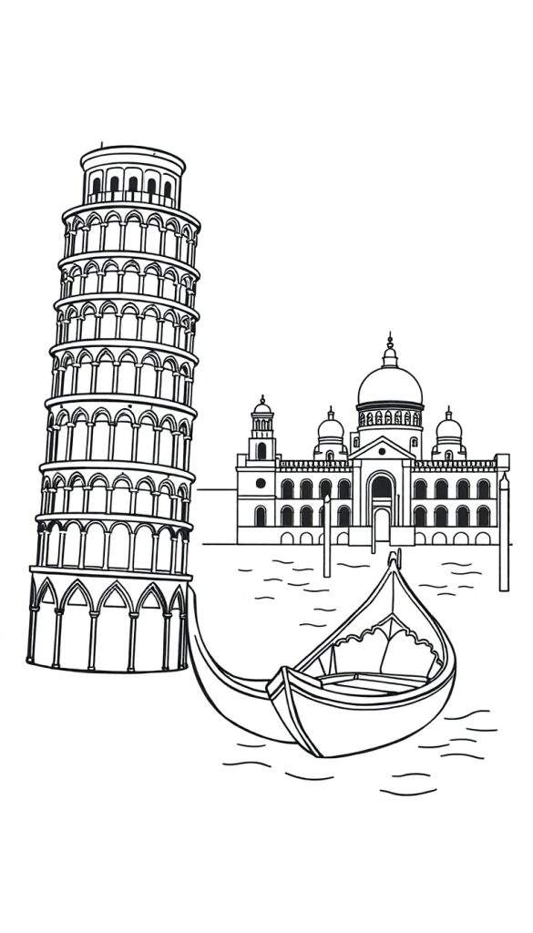 Kleurplaat met een zwart-wit lijntekening van de Scheve Toren van Pisa links en een Venetiaans gebouw met koepels en pilaren rechts, met een gondel op het water op de voorgrond.