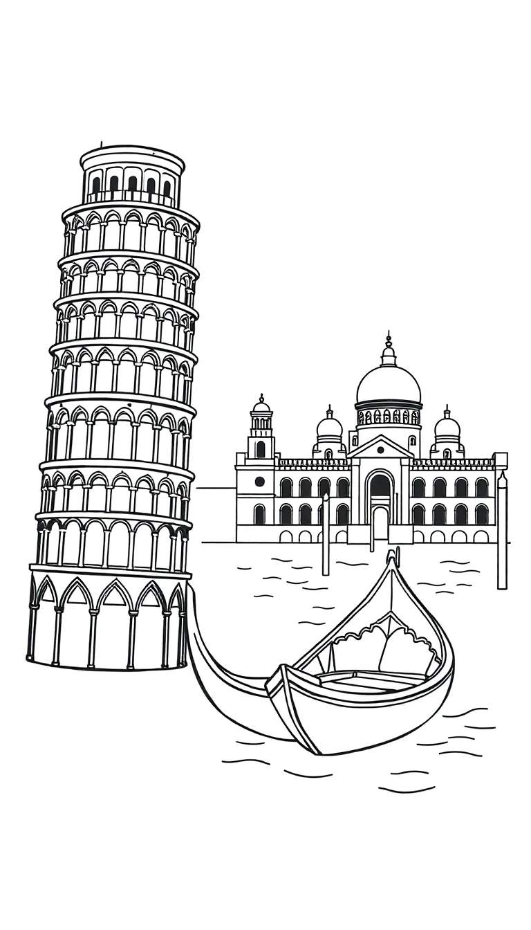 Kleurplaat met een zwart-wit lijntekening van de Scheve Toren van Pisa links en een Venetiaans gebouw met koepels en pilaren rechts, met een gondel op het water op de voorgrond.