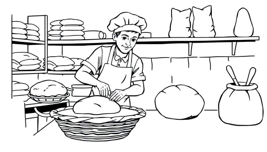 Kleurplaat van een lachende jonge bakker met bakkersmuts en schort die een groot stuk deeg in een mand bewerkt, omringd door brood, zakken meel en bakgereedschap.