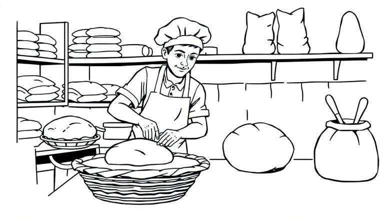 Kleurplaat van een lachende jonge bakker met bakkersmuts en schort die een groot stuk deeg in een mand bewerkt, omringd door brood, zakken meel en bakgereedschap.