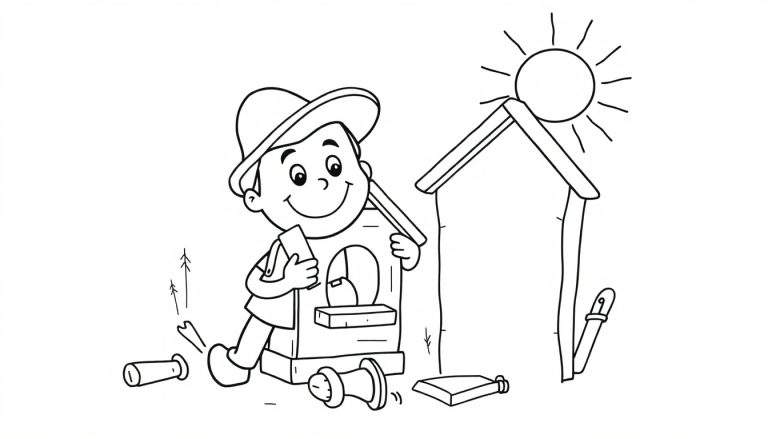 Zwart-wit tekening van een lachende jongen in tuinbroek en hoed die een vogelhuisje bouwt, met stukken hout, een huisje, een zon en een zaag.