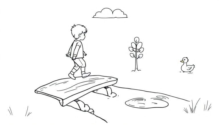 Kleurplaat van een jongen die op een houten bruggetje loopt over een waterstroompje. Op de achtergrond een boom, een plas water met een eend en een wolkje.