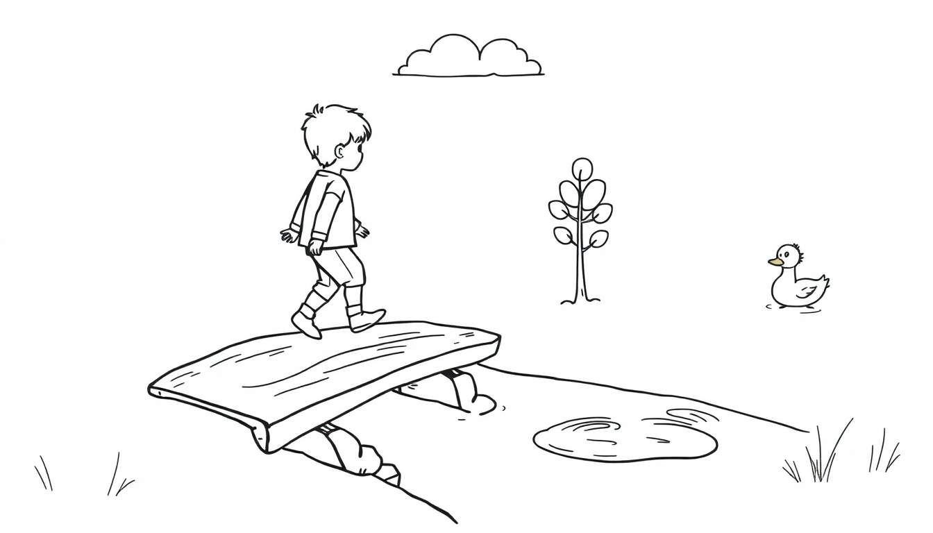 Kleurplaat van een jongen die op een houten bruggetje loopt over een waterstroompje. Op de achtergrond een boom, een plas water met een eend en een wolkje.