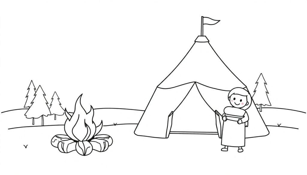 Zwart-wit lijntekening van een kampeerscène met een tipi-achtige tent, een lachend kindje met slaapzak, een kampvuur en dennenbomen.