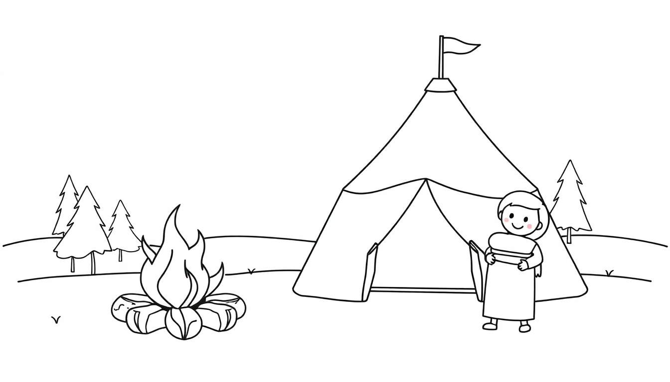 Zwart-wit lijntekening van een kampeerscène met een tipi-achtige tent, een lachend kindje met slaapzak, een kampvuur en dennenbomen.
