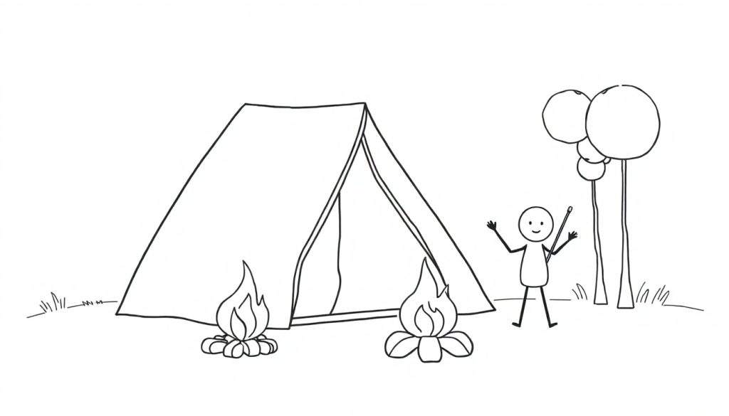 Zwart-wit lijntekening van een kampeerscène met een tent, twee kampvuren, een stick figure en bomen.