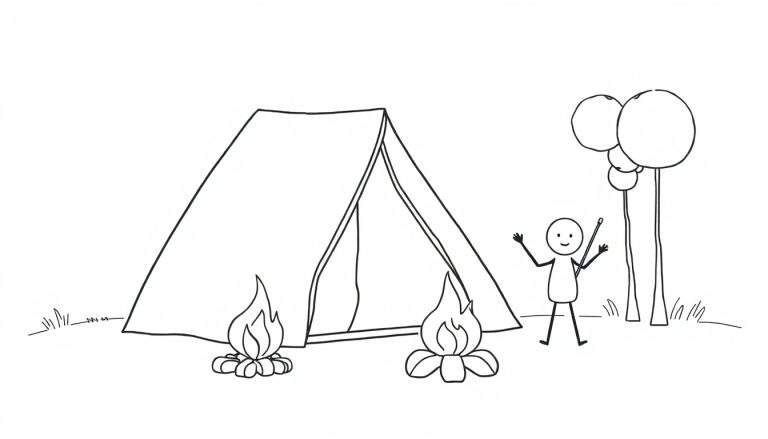 Zwart-wit lijntekening van een kampeerscène met een tent, twee kampvuren, een stick figure en bomen.