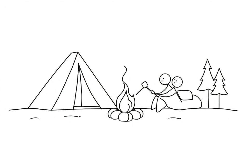 Lijntekening van een kampeerscene met een tent, kampvuur, stokpoppetjes die marshmallows roosteren en dennenbomen.