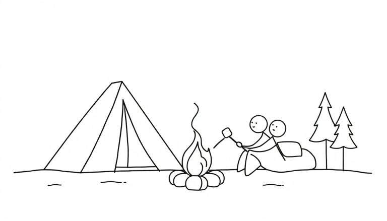 Lijntekening van een kampeerscene met een tent, kampvuur, stokpoppetjes die marshmallows roosteren en dennenbomen.