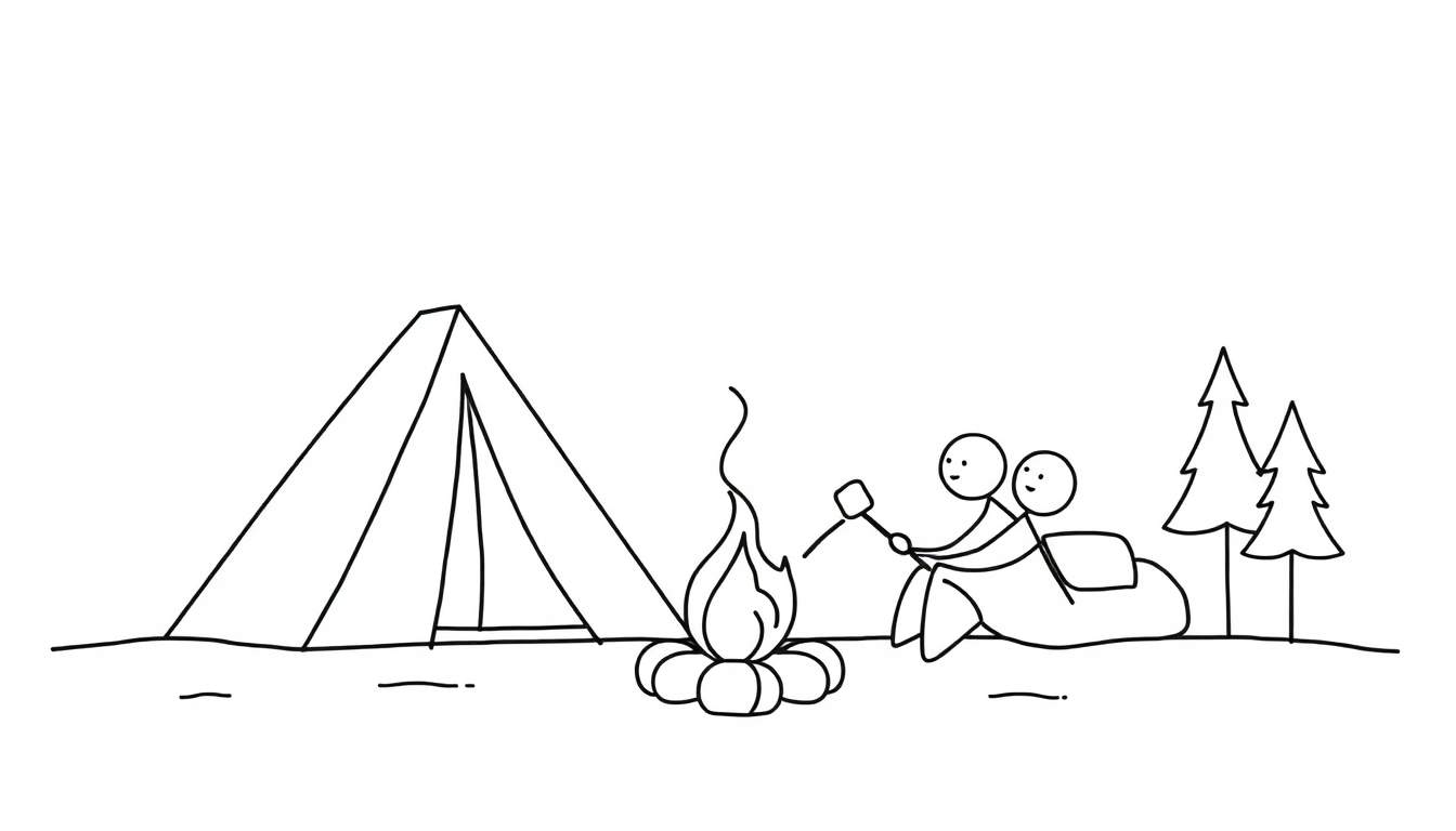 Lijntekening van een kampeerscene met een tent, kampvuur, stokpoppetjes die marshmallows roosteren en dennenbomen.