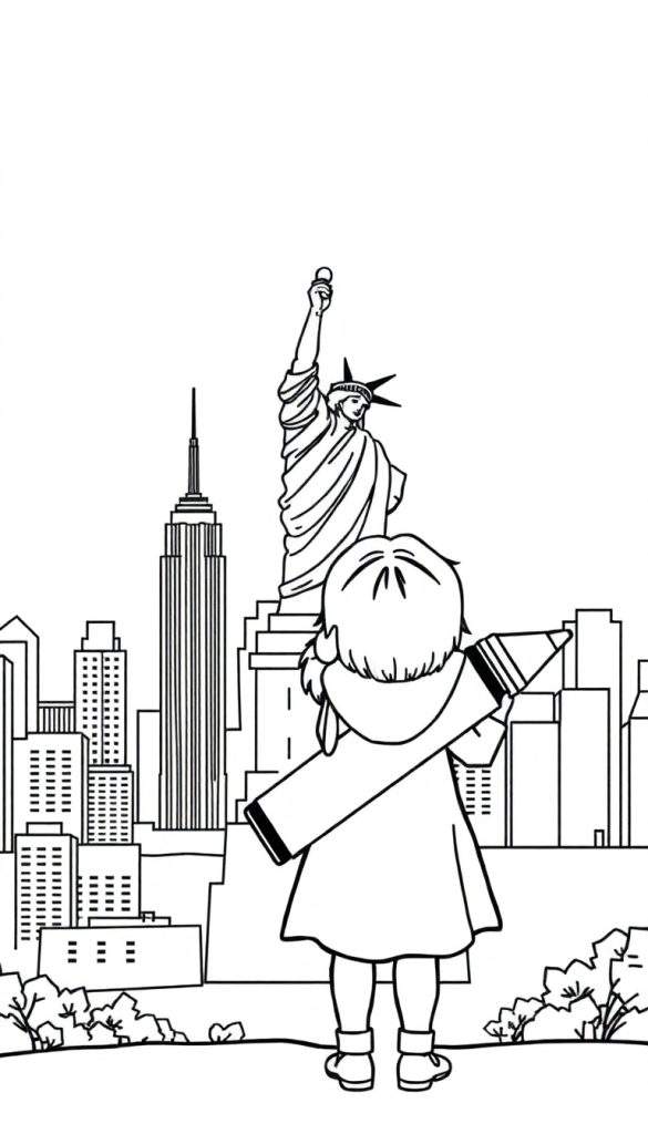 Zwart-wit tekening van een kind, van achteren gezien, dat een groot kleurpotlood draagt. Op de achtergrond de skyline van New York met wolkenkrabbers en het Vrijheidsbeeld.