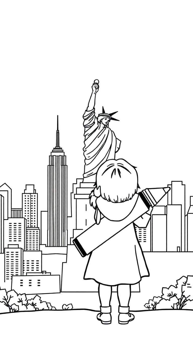 Zwart-wit tekening van een kind, van achteren gezien, dat een groot kleurpotlood draagt. Op de achtergrond de skyline van New York met wolkenkrabbers en het Vrijheidsbeeld.