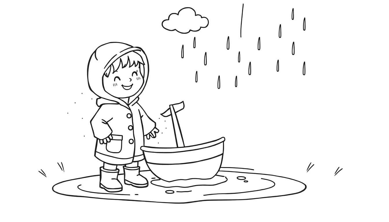 Kleurplaat van een lachend kind met regenjas en laarzen, staand in een waterplas met een speelgoedbootje.
