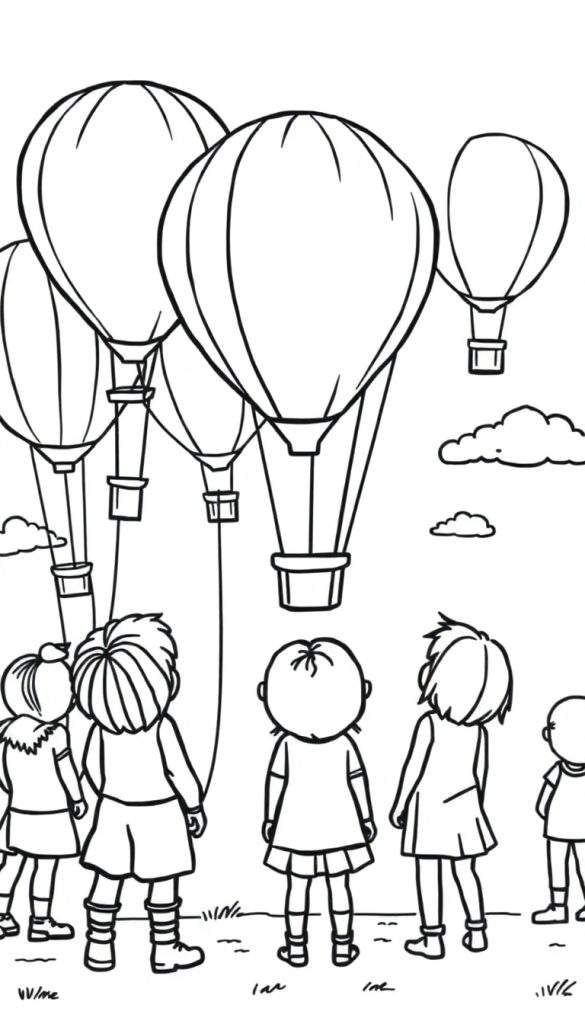 Kleurplaat van kinderen die omhoog kijken naar meerdere heteluchtballonnen in de lucht.