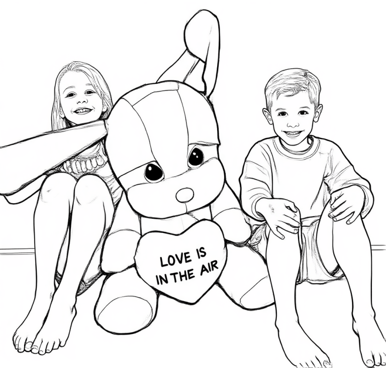 Zwart-wit lijntekening van een kleurplaat met een meisje links, een jongen rechts en een groot knuffelkonijn in het midden. Ze zitten met opgetrokken benen en lachen. Het konijn houdt een hart vast met 'LOVE IS IN THE AIR'.