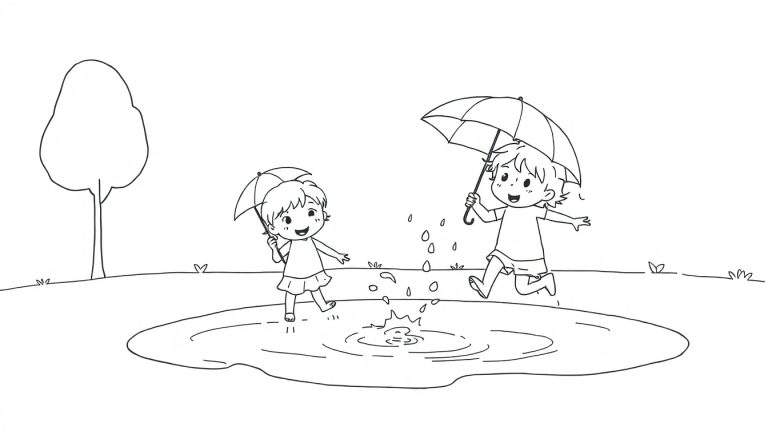 Kleurplaat: twee lachende kinderen met paraplu's spelen in een waterplas, water spat omhoog.