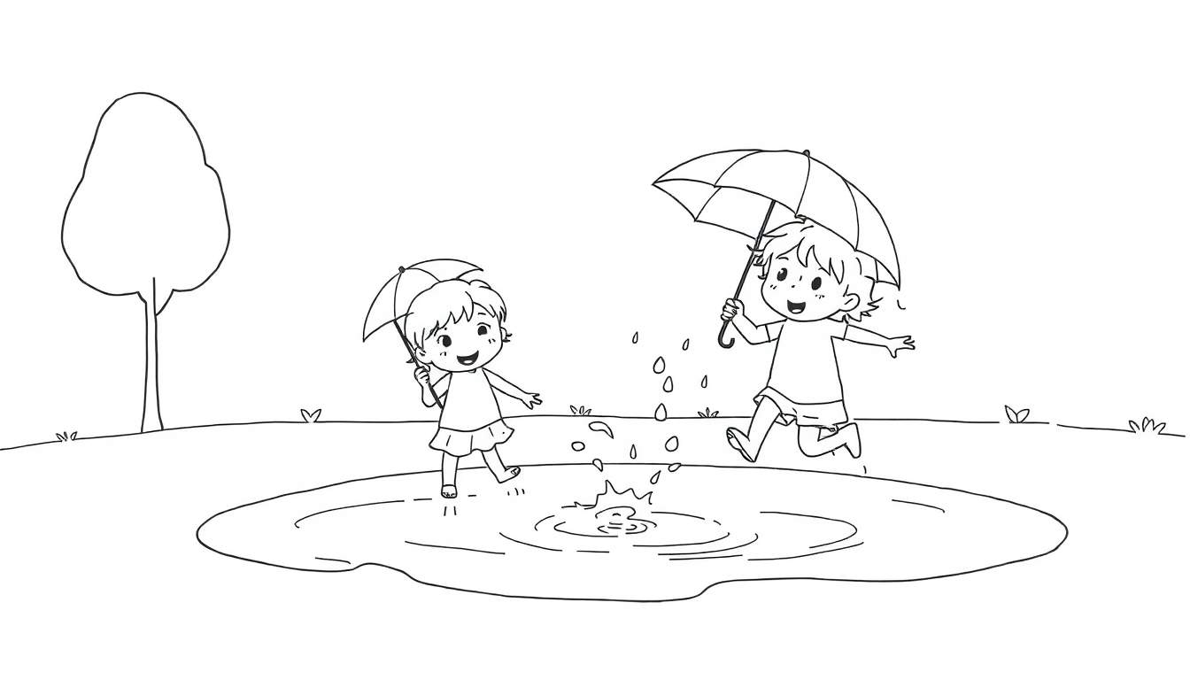 Kleurplaat: twee lachende kinderen met paraplu's spelen in een waterplas, water spat omhoog.
