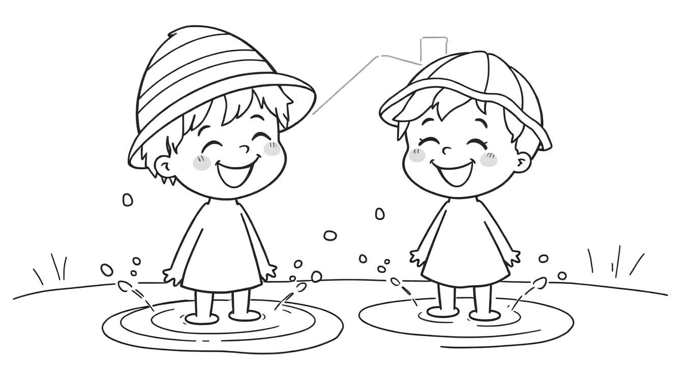 Kleurplaat van twee blije kinderen die met gesloten ogen en rode wangetjes in waterplassen spetteren.