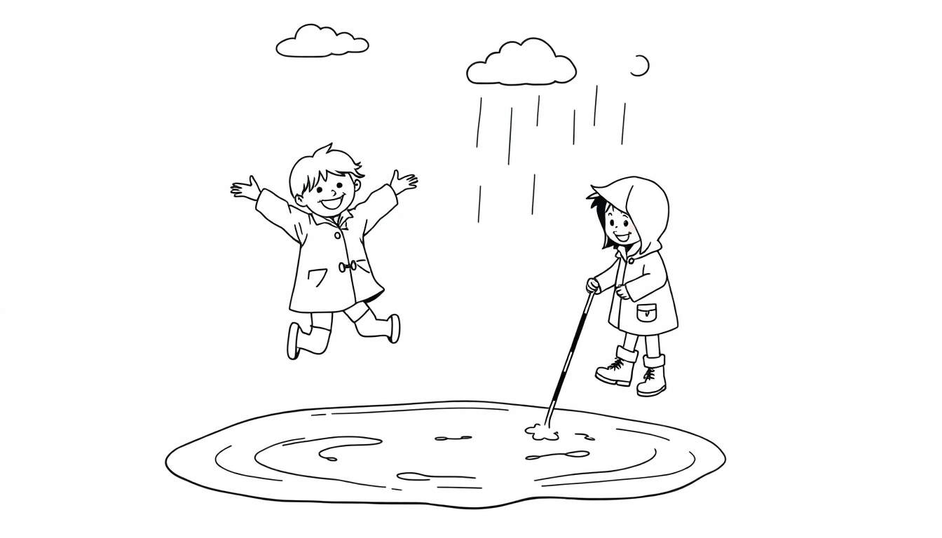 Zwart-wit kleurplaat van twee lachende kinderen die buiten in de regen spelen bij een waterplas.