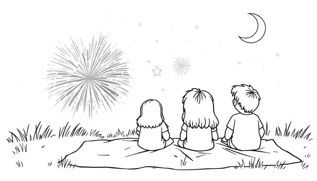 Kleurplaat van drie kinderen die vanaf de grond naar een nachtelijke hemel met vuurwerk en een maan kijken.
