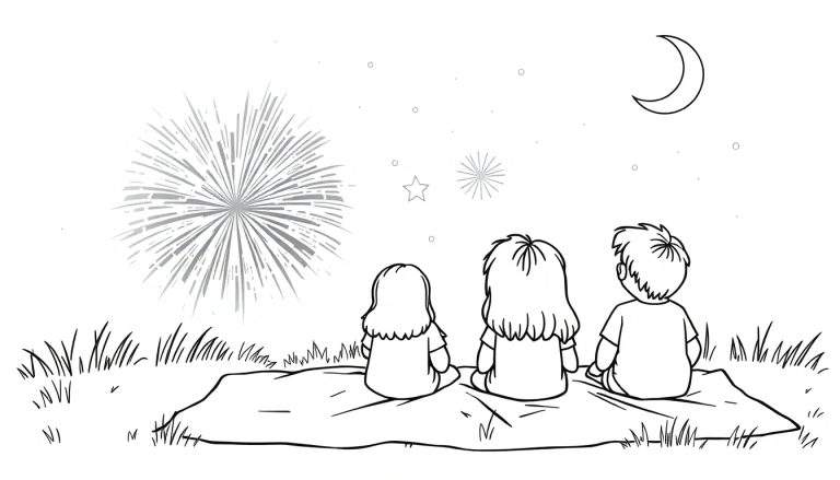 Kleurplaat van drie kinderen die vanaf de grond naar een nachtelijke hemel met vuurwerk en een maan kijken.