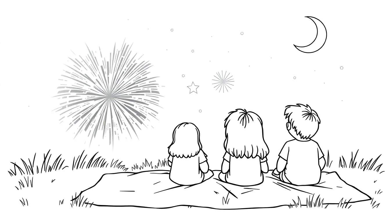 Kleurplaat van drie kinderen die vanaf de grond naar een nachtelijke hemel met vuurwerk en een maan kijken.