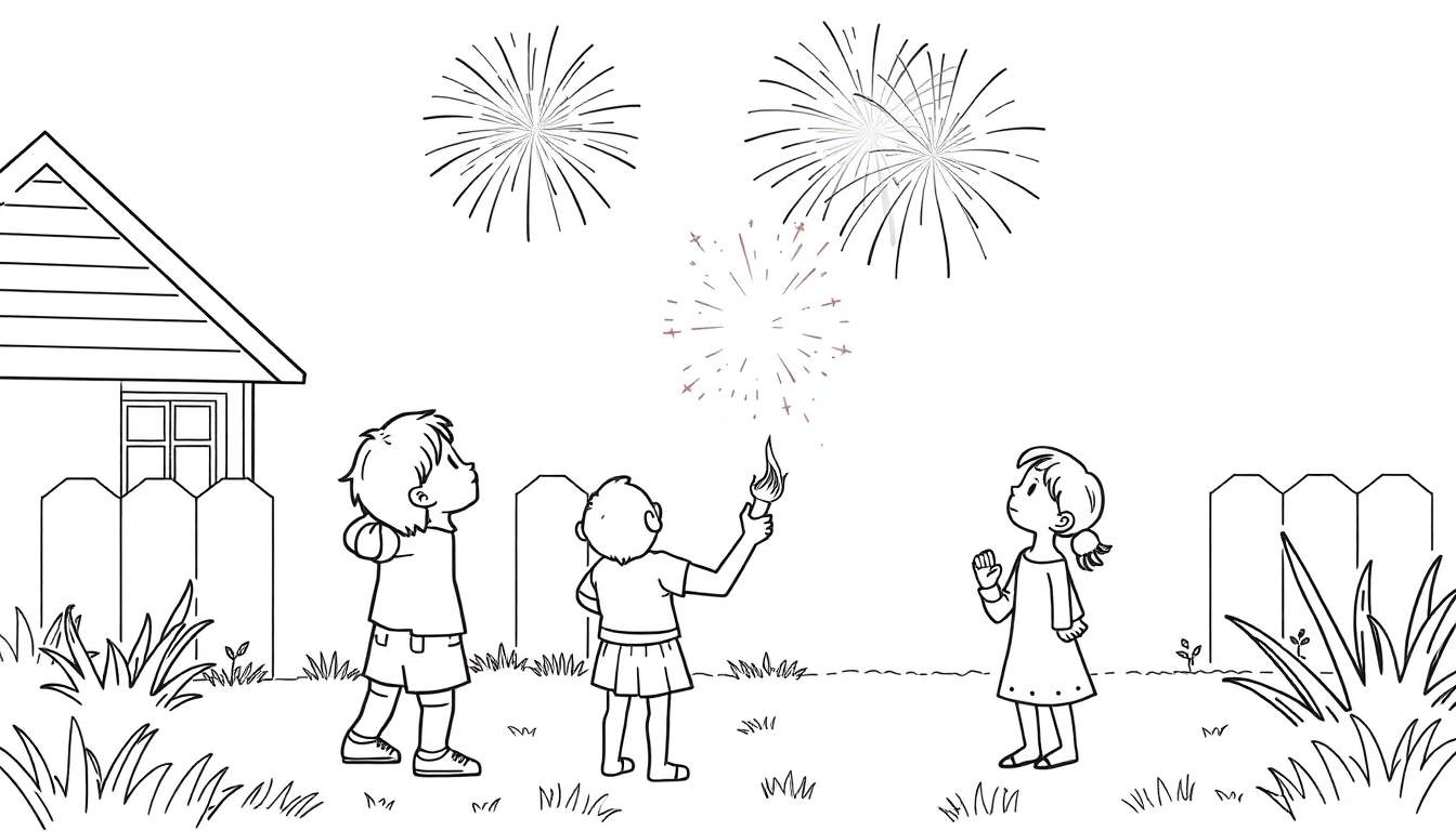 Zwart-wit tekening van drie kinderen die vuurwerk in de lucht bekijken in een tuin. Een jongen, een kind met een sterretje, en een meisje met een jurk.