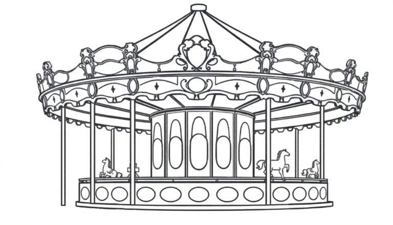 Gedetailleerde zwart-wit tekening van een klassieke carrousel met paarden en versieringen, klaar om ingekleurd te worden.