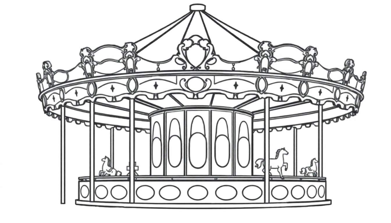 Gedetailleerde zwart-wit tekening van een klassieke carrousel met paarden en versieringen, klaar om ingekleurd te worden.