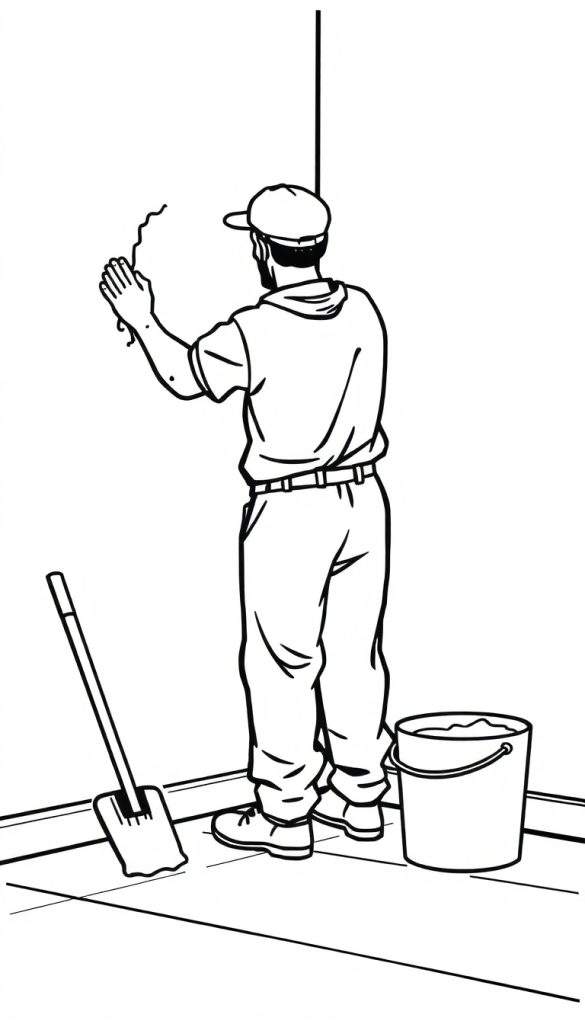 Illustratie van een bouwvakker met pet, T-shirt en lange broek die pleisterwerk aanbrengt op een muur, met een schep en emmer naast zich.