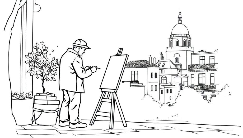 Zwart-wit lijntekening kleurplaat van een kunstenaar die schildert in een stad met gebouwen op de achtergrond.