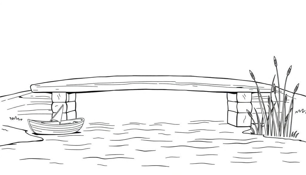 Zwart-wit lijntekening van een landschap met een houten brug over water, een zeilbootje aan de linkeroever en riet aan de rechteroever.