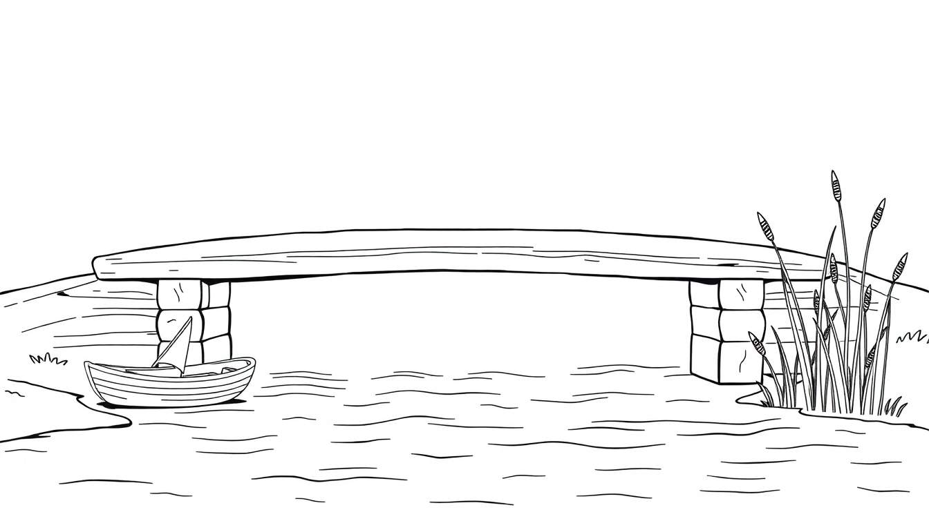 Zwart-wit lijntekening van een landschap met een houten brug over water, een zeilbootje aan de linkeroever en riet aan de rechteroever.