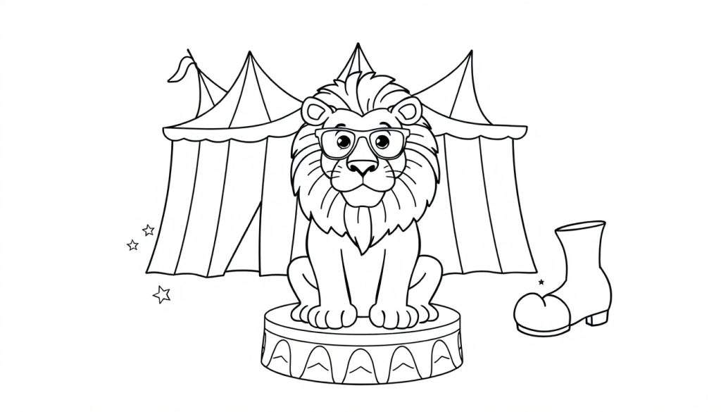 Zwart-wit lijntekening van een leeuw met een bril zittend op een podium voor een circustent. Links zweven sterren, rechts een grote laars.