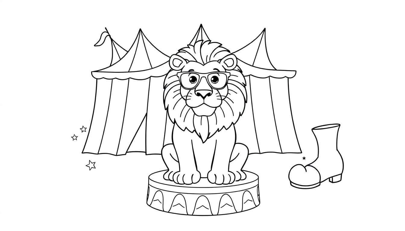 Zwart-wit lijntekening van een leeuw met een bril zittend op een podium voor een circustent. Links zweven sterren, rechts een grote laars.