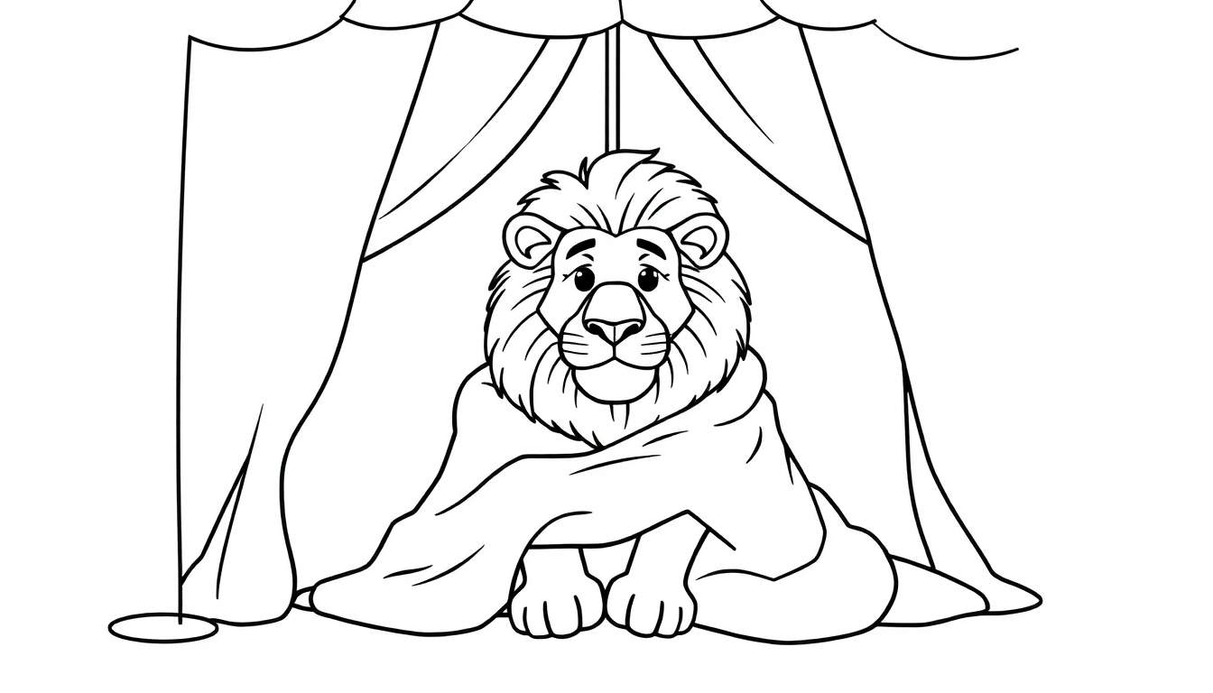 Kleurplaat van een lachende leeuw met manen, zittend onder een circustent.