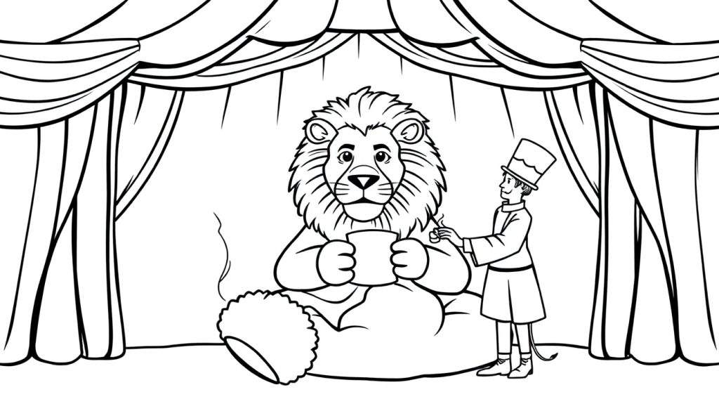 Kleurplaat lijntekening van een zittende leeuw met een mok in zijn poot en een circusdirecteur met hoge hoed die zijn manen poetst.