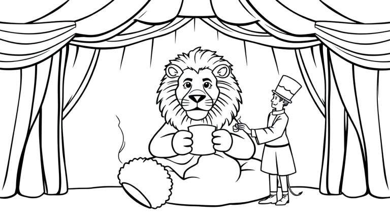 Kleurplaat lijntekening van een zittende leeuw met een mok in zijn poot en een circusdirecteur met hoge hoed die zijn manen poetst.