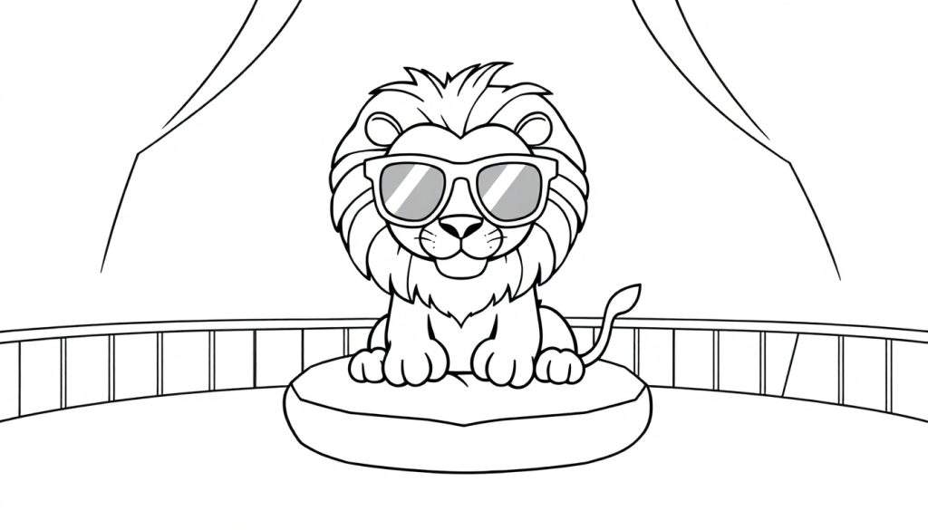 Kleurplaat van een schattige leeuw met zonnebril en manen, zittend op een kussen, met een podiumachtige achtergrond.