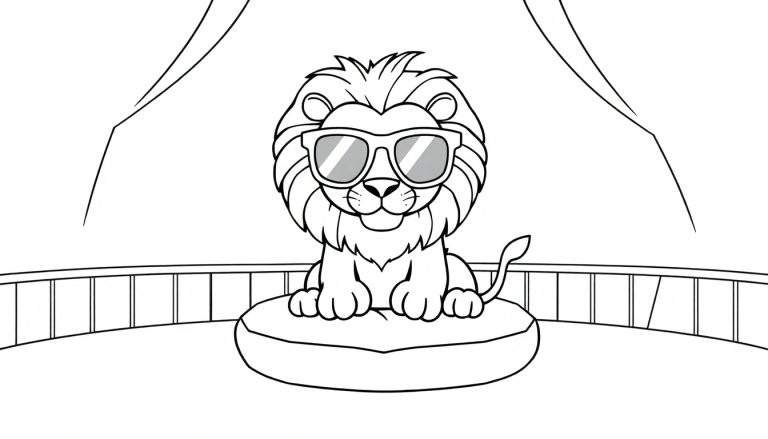 Kleurplaat van een schattige leeuw met zonnebril en manen, zittend op een kussen, met een podiumachtige achtergrond.